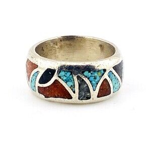 Vintage Turquoise Coral Sugilite Inlay Silver Wide Tone Band Ring Size 10 Unisex